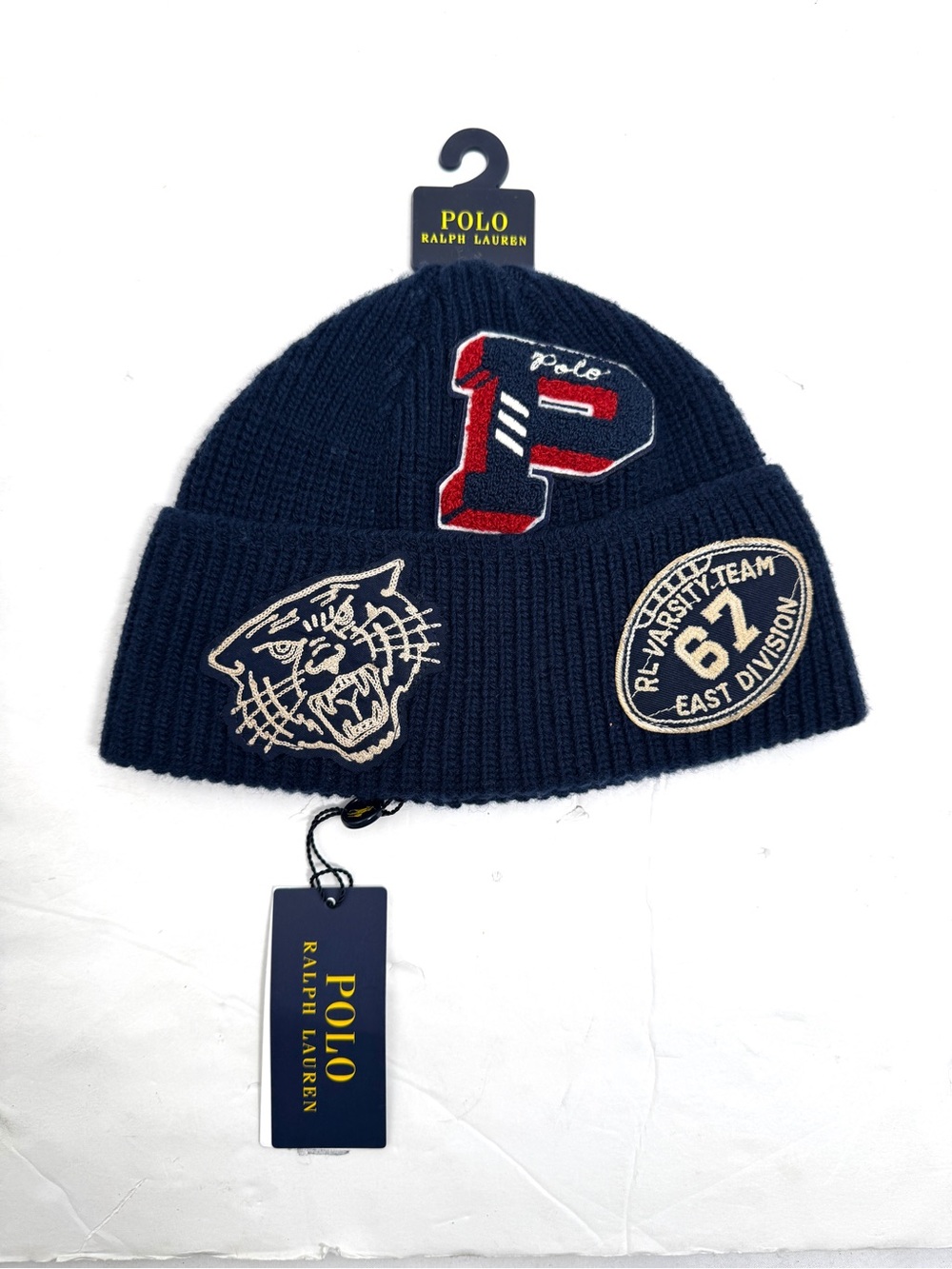 Polo Ralph Lauren Tiger Collegiate Patch Beanie Cap Knit Hat NWT